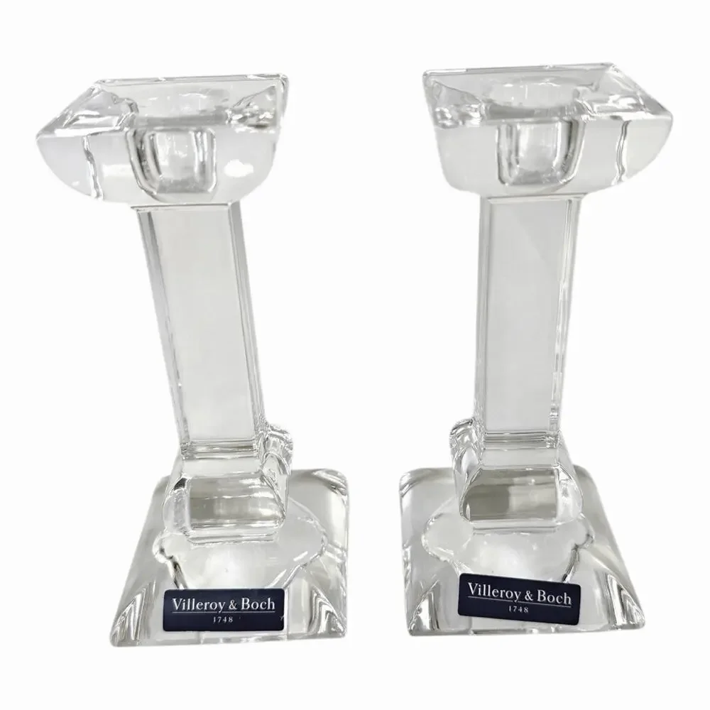 Vintage 2 VILLEROY & BOCH CRYSTAL CANDLESTICKS Square Design Made In Austria